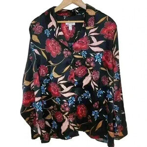 Denim & Co Top Womens 2X Floral Paisley Silky Black Blouse Flowy Career Office